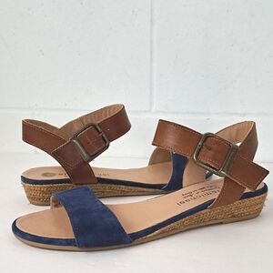 Eric Michael Amanda Blue Suede Brown Leather Ankle Strap Espadrille Sandals Sz40